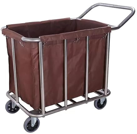 Carro de Limpieza Profesional Cesta Ropa Sucia con Ruedas de 6 y Reposabrazos de Acero Inoxidable y Tela Oxford Carro de Lavandería Industrial(Brown)