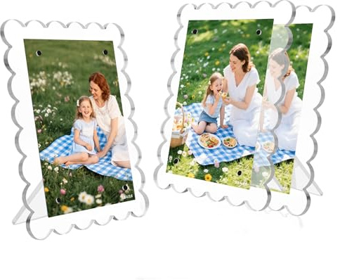 NEUREGY 3 PACK 5 x 7 Picture Frame, Acrylic Clear Scalloped Photo Frame with Magnetic Holder for Vertical and Horizontal, Magnetic Picture Frames for Refrigerator and Desktop Display