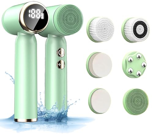 Facial Cleansing Brush, 6 in 1 Electric Face Scrubber with 6 Brush Heads and 3 Spin Speeds for Deep Cleansing, Waterproof Rechargeable Face Brushes for Dry Oily Sensitive Skin (Green)