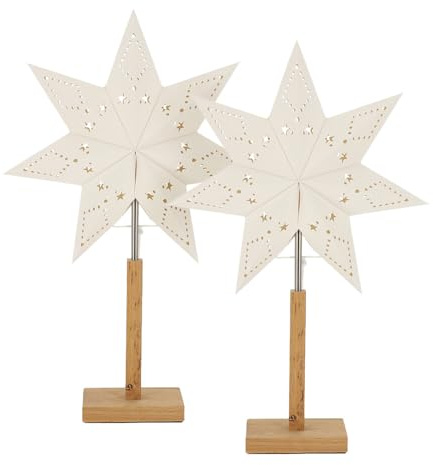 LED Universum - Papier Weihnachtsstern Tischleuchte Standstern weiß Holzfuß Dekostern mit Kabelschalter, E14 Fassung max 25W (ohne Leuchtmittel) 55cm Höhe (weiß/holz - eckiger Fuß, 2 Stück)