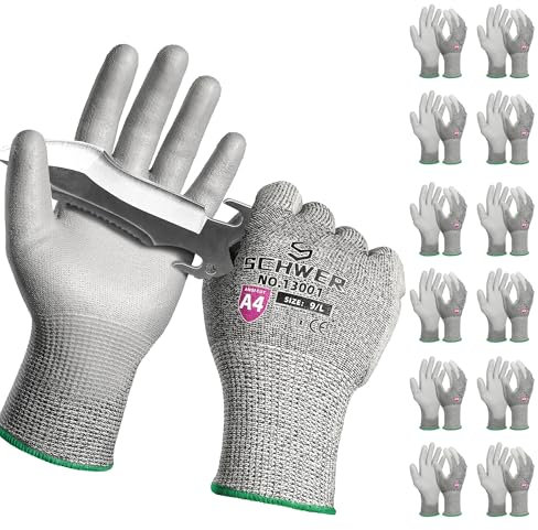 Schwer 12 Pares de Guantes de Trabajo Anti-Corte Nivel 4/D con Revestimiento PU - Antideslizantes y Duraderos para Manipulación de Metal, Carpintería y Construcción,L