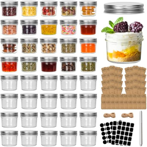 CycleMore 40 Pack 4oz Clear Mason Jars With One Piece Silver Lids, Mini Glass Canisters, Spice Bottles, Canning Jars for Honey, Jam, Jelly