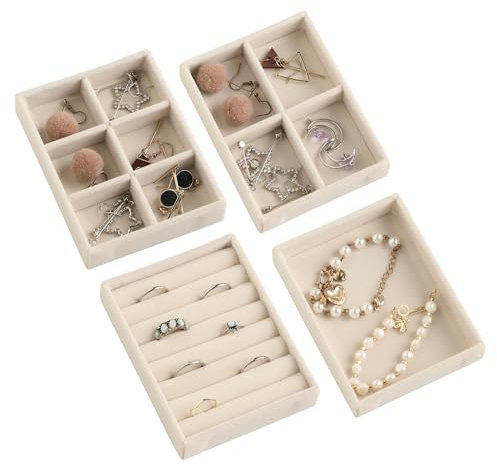 Frebeauty Kleines Schmucktablett Set, Stapelbares Samt Schmuck Organizer Tablett, Mini Schmuck Schublade Organizer, Schubladeneinsätze Ohrring Organizer für Frauen Mädchen (Set 4, Beige)