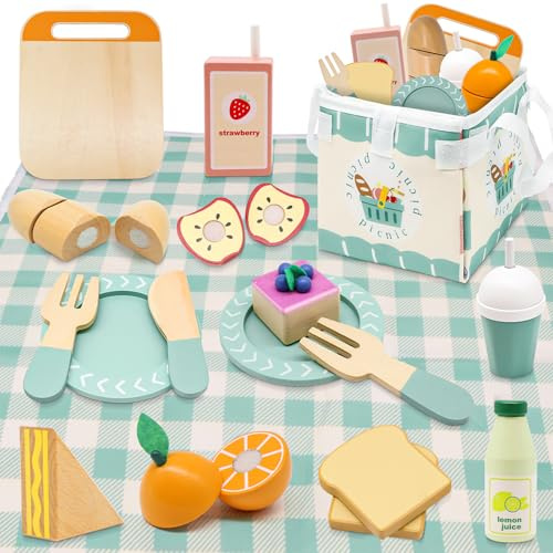 18PCS Kitchen Pretend Toy, Pretend Play Accessories，Boys and Girls Gift | Kitchen Pretend Toy, with Dessert, Juice, Foldable Picnic Basket, Educational Gift for Kid Girl Boy Boy and Girl Gift