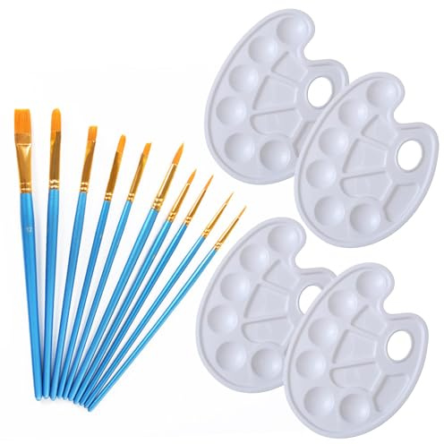 4 Piezas Paleta de Mezcla para Acuarelas,Paleta de Pintura con 10 Pinceles,Paleta Acuarela,Paleta con Orificio para Mango,Paleta Pintura acrilica y oleo