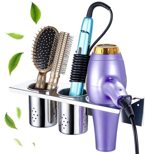 LOXSUN Hairdryer Holder Wall Mounted, Hair Dryer Holder with Cup, Hairdryer Station Accessories Stand, Bathroom Hair Styling Care Tool Organizer for Brushes, Straightener, Flat Iron, Curling Wand
