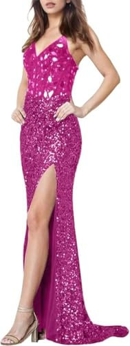 Vestidos de fiesta de lentejuelas con purpurina y abertura alta, vestido largo de baile, cuello en V, espalda descubierta, vestido de noche formal, color negro, talla XXS, fucsia, XS