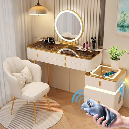 Vofikoli Toeletta con illuminazione e sedia, toeletta con specchio intelligente tricolore, tavolo per cosmetici con 5 cassetti, tavolo da trucco per camera da letto moderna (bianco + dorato, 100 cm)
