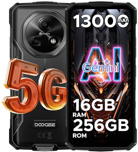 DOOGEE Fire 7 Rugged Smartphone 5G, Android 15 AI Rugged Phone, 13000mAh/18W, 16GB+256GB/2TB，6.6” HD+ 90Hz Octa-Core Android Phone, 64MP+16MP, Side Fingerprint, Face ID/OTG/NFC/Triple Card - Gray