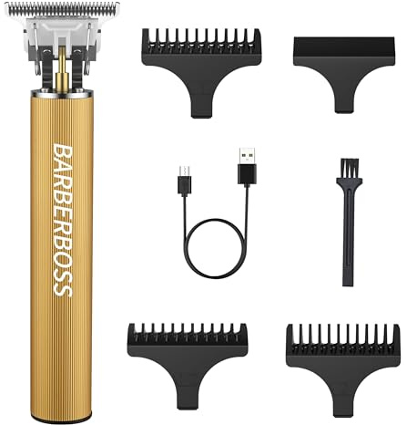 BarberBoss T-Blade Haar & Bartschneider, Schnurloser Herren Detailschneider, USB-Aufladung, 3 Präzisionskämme, Herrenpflege Werkzeug für Gesicht, Halsausschnitt und Haaransatz (Gold)