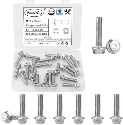 FandWay 13 Stück M10x35mm Sechskantschrauben,Flanschschrauben Edelstahl A2 V2A,Strukturschrauben, Außensechskan,Vollgewinde, Gewindesteigung 1,5 mm, für Auto und Motorradreparatur.