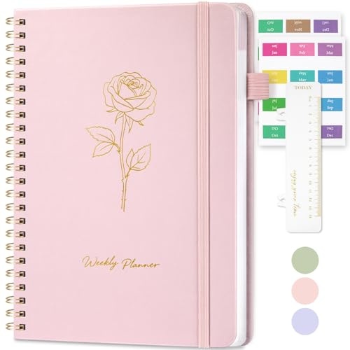 Umriox Undated Planner - A5 Weekly Planner Notebook, Weekly Journals for Study, Work, Fitness,52 Weeks Planning with 24 Self-Adhesive Tabs, Hardcover, 14.5x21cm - Pink