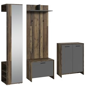 byLIVING Garderoben-Set Ben, 4-teilig, viel Stauraum | Flur Garderobe in Old Wood-Optik dunkelbraun mit Spiegel, Hochschrank, Wandpaneel, Sitzbank, Kommode