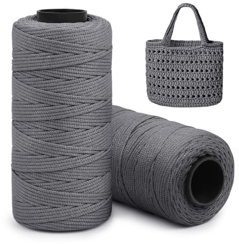Uiopa 2 Pezzi Filo per Borse Uncinetto, 2mm x 160m Cordino Piatto Filo Macrame, Fettuccia Uncinetto in Poliestere per borse, Cestini, Cappelli, Decorazioni, Artigianato