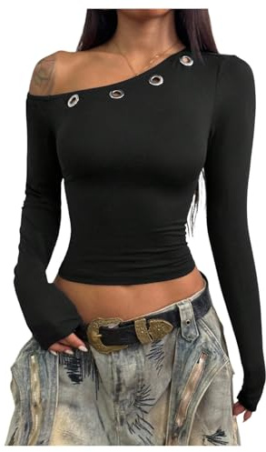 GORGLITTER Off The Shoulder Tops for Women Asymmetrical Grommet Eyelet Long Sleeve Slim Fit Rave Crop Tees