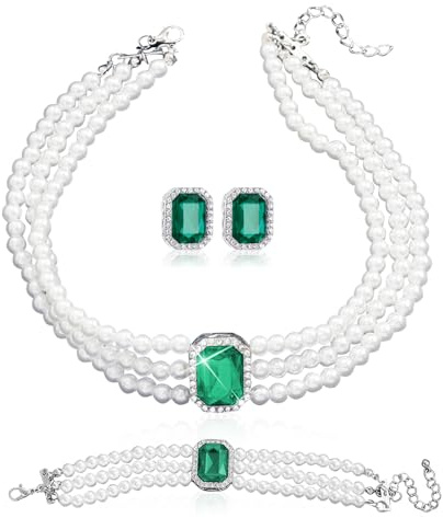 LjFrexia 3 Piezas de Joyas de Perlas para Mujer, Collar Choker de Cristal con Perlas, Pulsera y Pendientes, Joya Multifila con Colgante de Cristal Verde, para Mujer, Novia, Dama de Honor