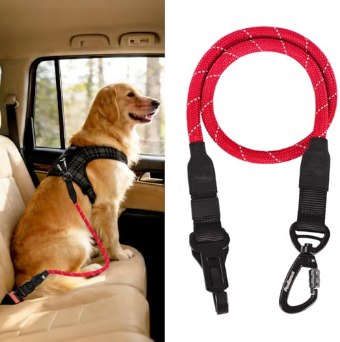 PetBonus bilbälte för hund, hållbart repbilbälte för hund för fordon, säkerhetskoppel för husdjur med kraftig spänne krok låsbar clip för små medelstora stora raser (röd)