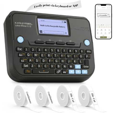 SUPVAN E12 Keyboard & Bluetooth Label Maker Machine with 4 Tapes, Black