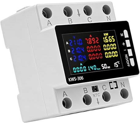 Contador de electricidad de 3 fases, contador de electricidad digital, 80 A 220 V CA, 9 en 1, medidor de corriente trifásica, carril de corriente digital con protección contra sobretensiones