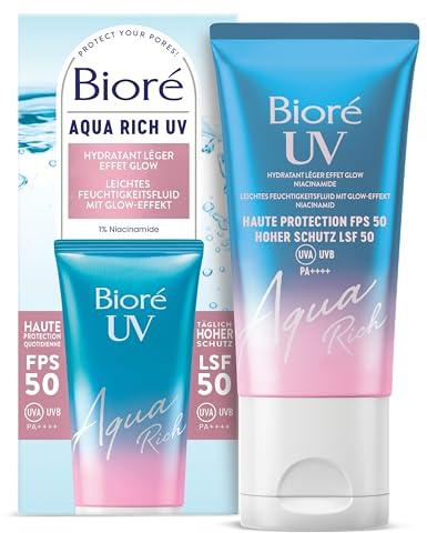 Bioré UV Aqua Rich Gesichtssonnenschutz LSF/SPF 50 - Leichtes Feuchtigkeitsfluid - Mit Glow-Effekt - Inhalt. 50 ml - Mit 1% Niacinamide - Nicht fettend