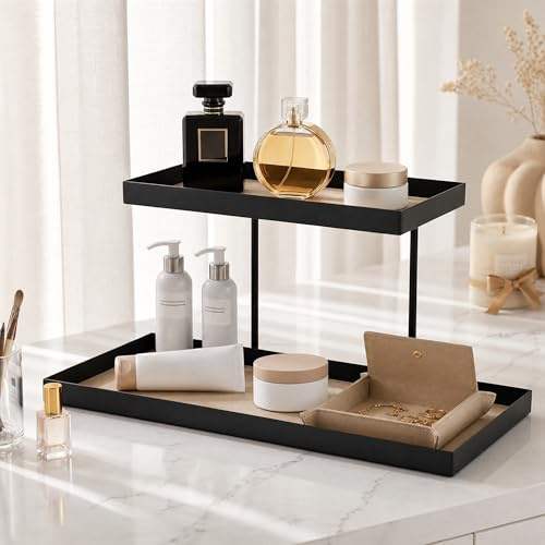 HINATDD Organizador de Maquillaje, Bandeja para Perfumes, Dos Niveles | Organizador de Perfumes y Cremas Decorativa para Tocador, Dormitorio, Baño, Metal y Cuero PU, Diseño Elegante (Negro)