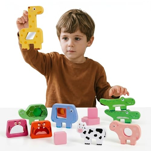 Montessori Spielzeug ab 1 Jahr Holz,Motorikspielzeug & Stapelspiel Kinder, Balance Tier Spiel, Lernspielzeug, Steckspiel & Sortierspiel, Geschenk Kind 1 Jahr Junge Mädchen (Licht-und-Schatten-Modell)