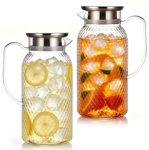 2 Pièces Carafe en Acrylique 1,8L avec Couvercle, Pichet Eau Transparent Résistant, Carafe Plastique Alimentaire pour Thé Glacé, Café, Limonade, Jus, Boissons Chaudes et Froides (transparent)