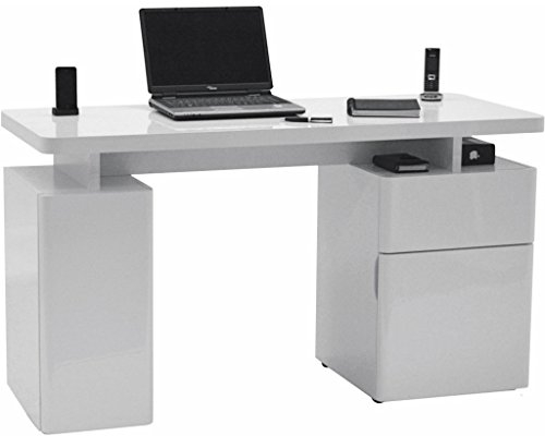 Jahnke Schreibtisch, E1 Spanplatte, Dekorbeschichtung, Metall, Hochglanz-weiß, 140 x 55 x 76 cm