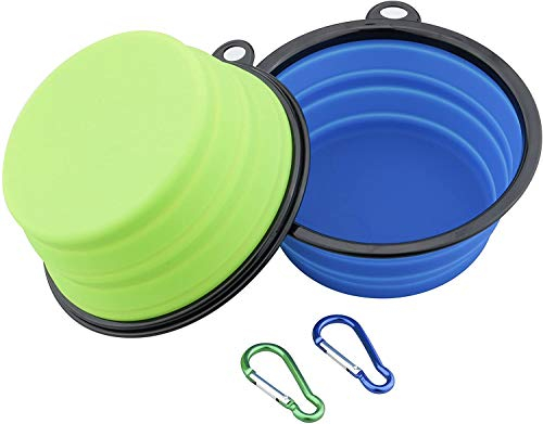 Ewolee 2* Super Großer Klappbarer Reisenapf Hund Wassernapf 17.5 * 13 * 7.5CM leichtgewichter Hundnapf Faltbarer Silikon mit Karabinerhaken,Blau und Grün