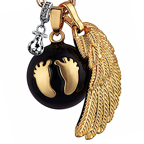 ICOOM Bola de grossesse clochette Pendentif harmony ball “Appeleur d’anges ” Bijou musicale pour Maternité femmes enceintes avec chaîne aile d'ange et Bola (114 CM, OR-NOIR)