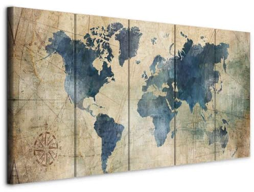 murando Cuadro en Lienzo Mapa del mundo 150x60 cm Impresión de 5 Piezas Material no Tejido Cuadros para Dormitorios Impresión Artística Decoracion de Salon Rosa de los vientos Tarjeta k-A-0415-b-m