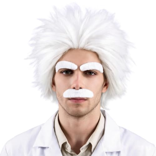 Topcosplay Verrückter Professor Wissenschaftler Perücke mit Schnurrbart Augenbrauen Herren Weiß Perücke Alter Opa Perücken für Halloween