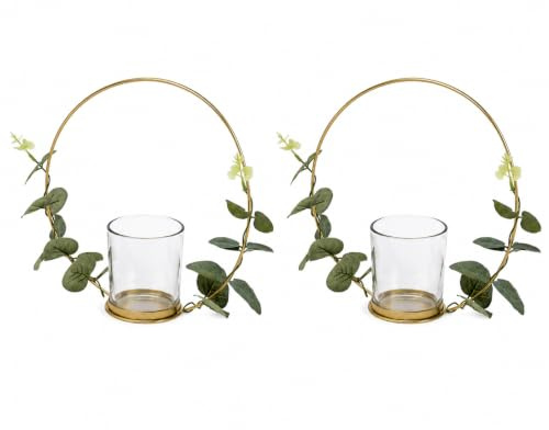 2er Set edle Teelichthalter Hoops aus Metall & Glas Botanical Eukalyptus Gold grün Kerzenständer für Teelichter Tisch-Deko Wohnungs-Dekoration Hochzeits-Deko Accessoires & Zubehör Weihnachten