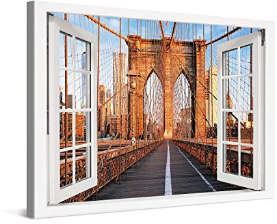 PICANOVA – Bild auf Leinwand New York Brooklyn Bridge Fenster 120x80cm – Leinwandbild – Premium Leinwanddruck – Wandbild Kunstdruck Auf 2cm Holz-Keilrahmen Wohnzimmer Wanddekoration – New York