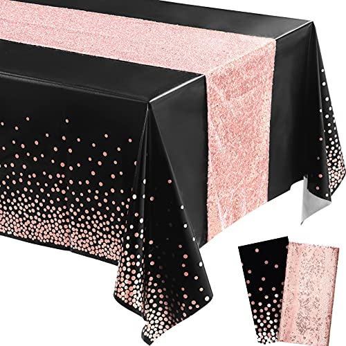Irenare 2 Pcs Tablecloth and Sequin Table Runner Set,Black, Rose Gold