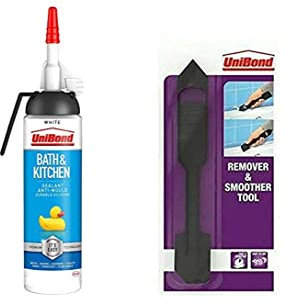 UniBond Bath & Kitchen Sealant, Mould Resistant White Silicone, Ideal for Showers, 2-in-1 Plastic Sealant Tool, Black