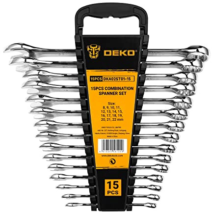 DEKOPRO Combination Wrench Set, Metric, 15-piece, 8-22mm, 12-Point, Chrome Vanadium Steel, with Plastic Tray