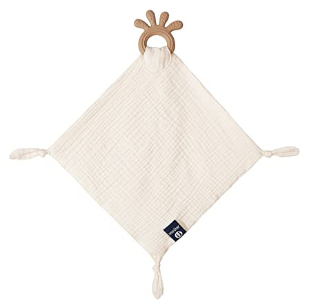 Baby Muslin Security Blanket with Food Grade Silionce Teether,Soothe Teething Toy for Boys and Girls (Cream)