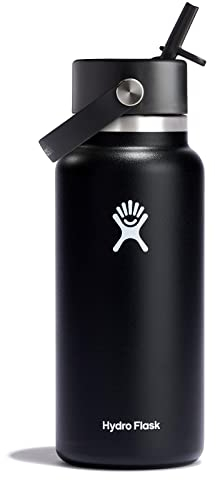 Hydro Flask - Water Bottle 946 ml (32 oz) - Vacuum Insulated Stainless Steel Water Bottle with Flex Straw Cap - Wide Mouth - Black