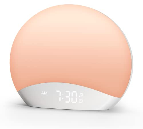 REACHER Sound Machine Sunrise Alarm Clock with Night Light, 26 Nature Inspired Sleep Sounds, 0-100% Dimmable Clock, Sunrise Lamp, Wake Up Light, Brown/Pink/White Noise Machine for Babys, Adults, Kids