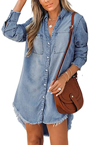 CUPSHE Womens Denim Shirt Dress Long Sleeve Button Down Casual Loose 2024 Fall Jean Dresses with Pockets Sky Blue M