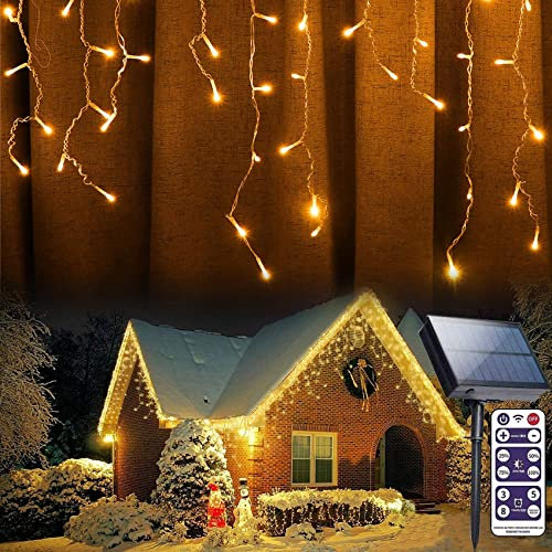 DINOWIN Solar LED Eisregen Lichterkette Außen mit Fernbedienung Wasserdicht 8 Modi Eiszapfen Lichterkette Lichtervorhang Deko für Weihnachten Hochzeit Terrasse (32.8ft 300LED, Warmweiß)