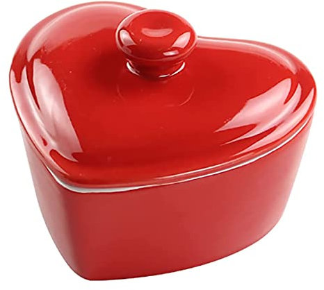SOCOSY Heart-Shaped Ceramic Dessert Bowl with Lid Pudding Small Salad Bowl Baking Bowl High Temperature Resistance-Red-5 OZ