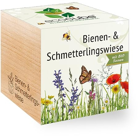 Ecocube Bienen- & Schmetterlingswiese, Bio Samen, Nachhaltige Geschenkidee (100% Eco Friendly), Grow Your Own/Anzuchtset, Pflanzen Im Holzwürfel, Made in Austria