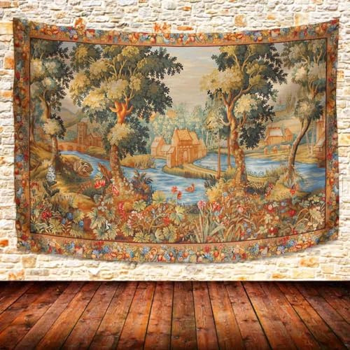 874 Wandbehang Europäische Klassische Französische Landmalerei-Landschafts-Mittelalterliche Garten-Blume Neuheit Tapisserie Portabel Wandteppiche Für Room Zimmer Apartment,130X150Cm