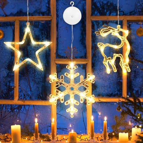 APODESS 3stk Weihnachtsbeleuchtung Fenster Lichtervorhang Fenster Beleuchtung Weihnachten Led Stern Beleuchtet Leuchtsterne Batteriebetrieben für Außen Innen Balkon Garten Warmweiß Fensterdeko