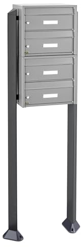 Banjado® Burg Wächter Briefkasten mit Standfuß/Briefkasten 4 Parteien/Standbriefkasten Edelstahl/Standbriefkasten freistehend/Freistehender Briefkasten mit Namensschild