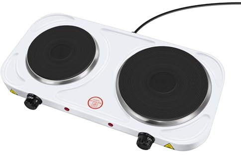 Portable Hot Plate, Double Hot Plate Electric Cooking Hob 155mm and 185mm for Cooking, Variable Heating 5 Gears, Electric Twin Burners, with Overheat Protection and Non-slip Feet