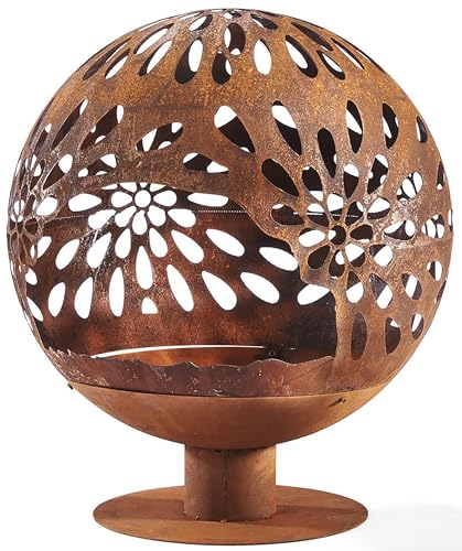 Kobolo Feuerschale Feuerkorb Bloom Kugelform 60x60x69cm Durchmesser 60cm mit Motiv - Metall Rostoptik