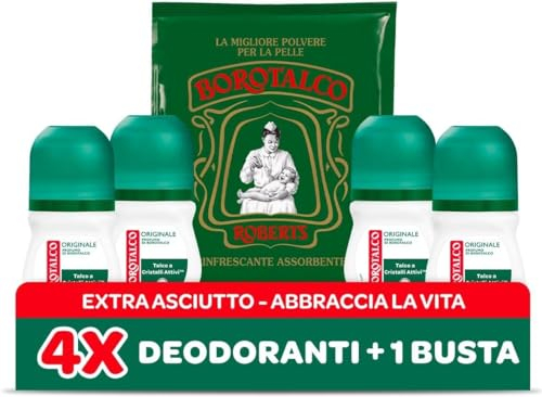Borotalco, Deodorante Roll-On Originale, con Talco a Cristalli Attivi, Tripla Protezione Asciutta, Senza Alcool, Profumo di Borotalco - 4 Pezzi da 50 ml - Esclusiva Amazon